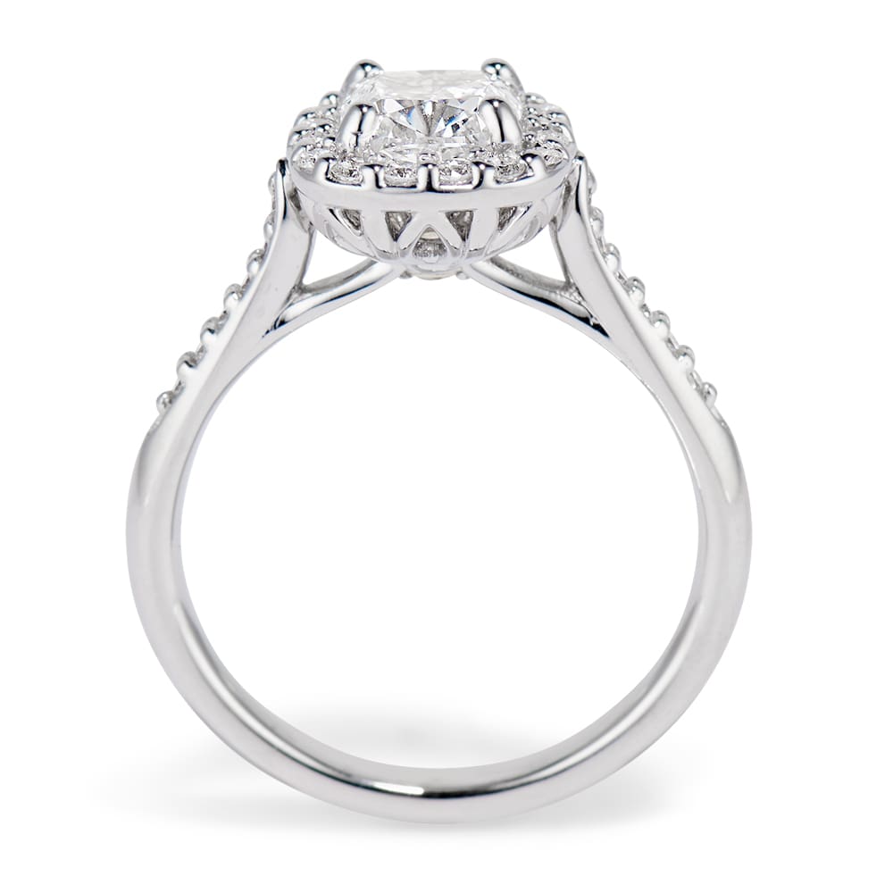 Jubilee in Platinum with a diamond cushion halo - Side view Cushion shaped diamond Jubilee with halo in Platinum